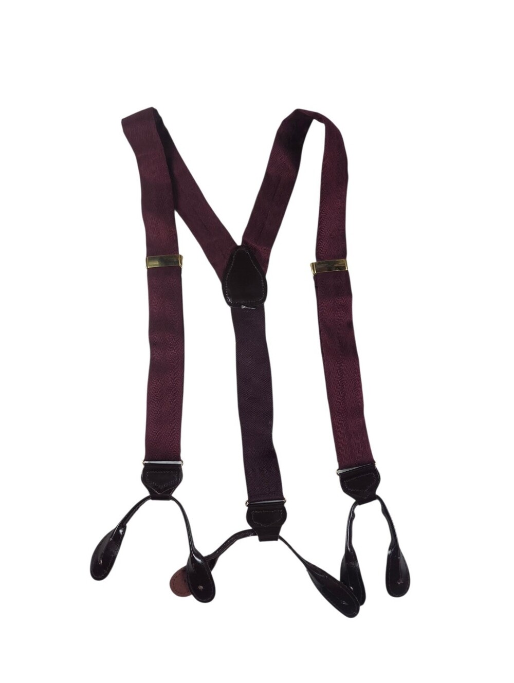 Vintage Burgundy Silk Suspenders Leather Butron Ends Adjustable Brass